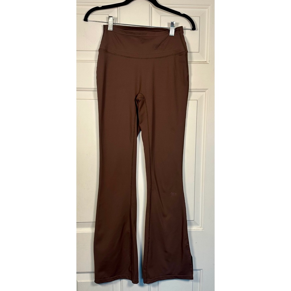 YoungLA Womens Brown High Waisted Flare Leggings Split Hem Medium Athleisure